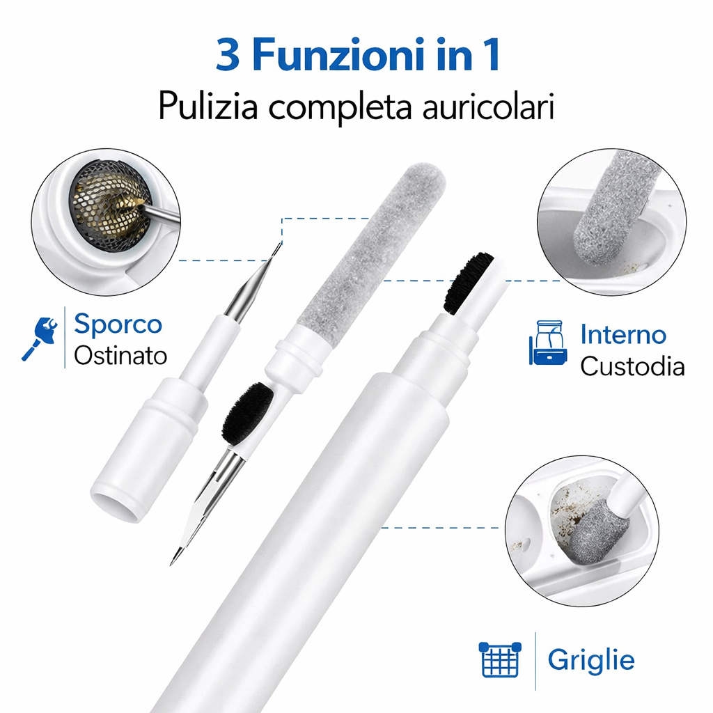 Penna per Pulizia Completa di Auricolari Bluetooth e Cellulare 3 in 1