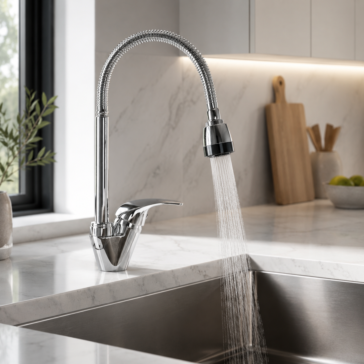 Rubinetto Cucina con Molla Flessibile Cromato - Miscelatore Monocomando con Doccetta