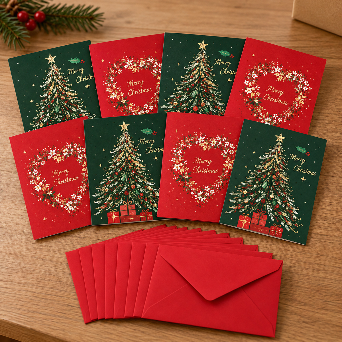 Set 8 Biglietti di Auguri Natalizi con Buste con 2 Fantasie Assortite