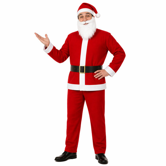 Costume Babbo Natale Uomo Completo con Giacca, Pantalone, Cappello, Cintura e Barba