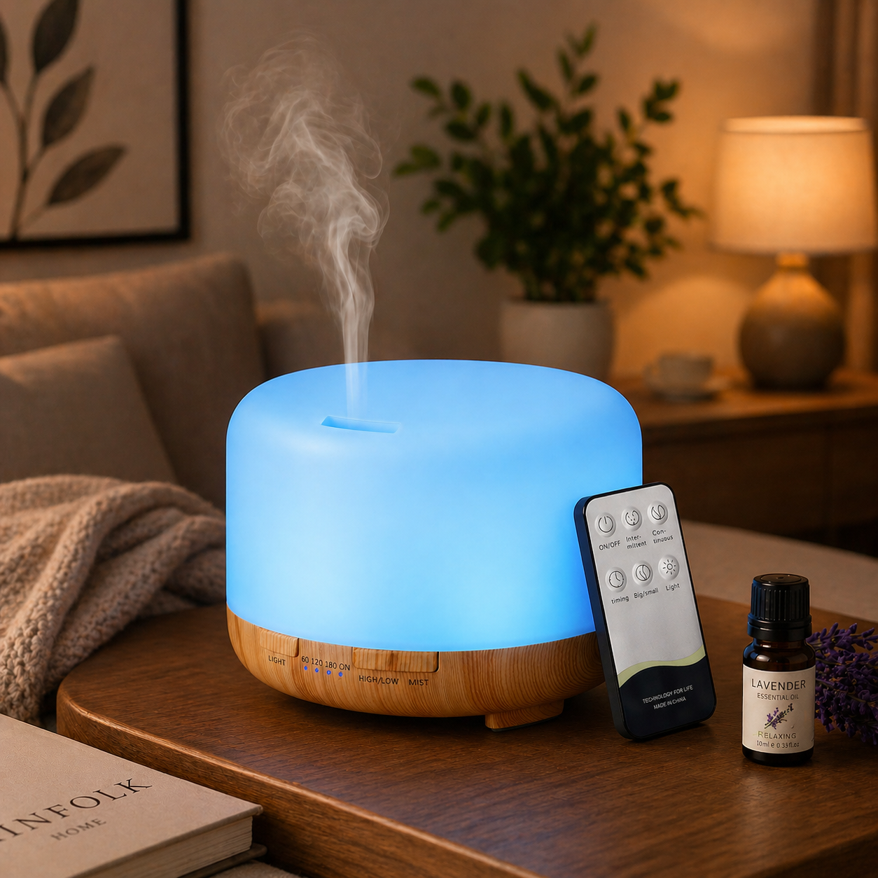 Diffusore Oli Essenziali 300ml Effetto Legno con LED e Telecomando