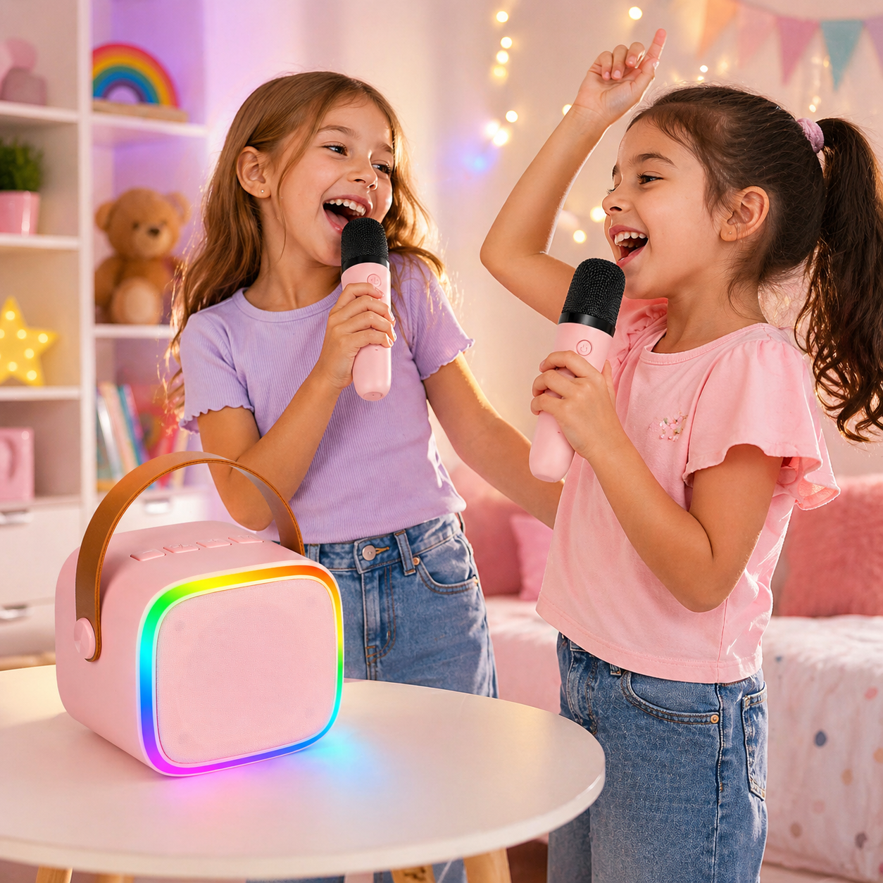Karaoke Portatile con 2 Microfoni Wireless, Cassa Bluetooth, Luci LED ed Effetti Voce