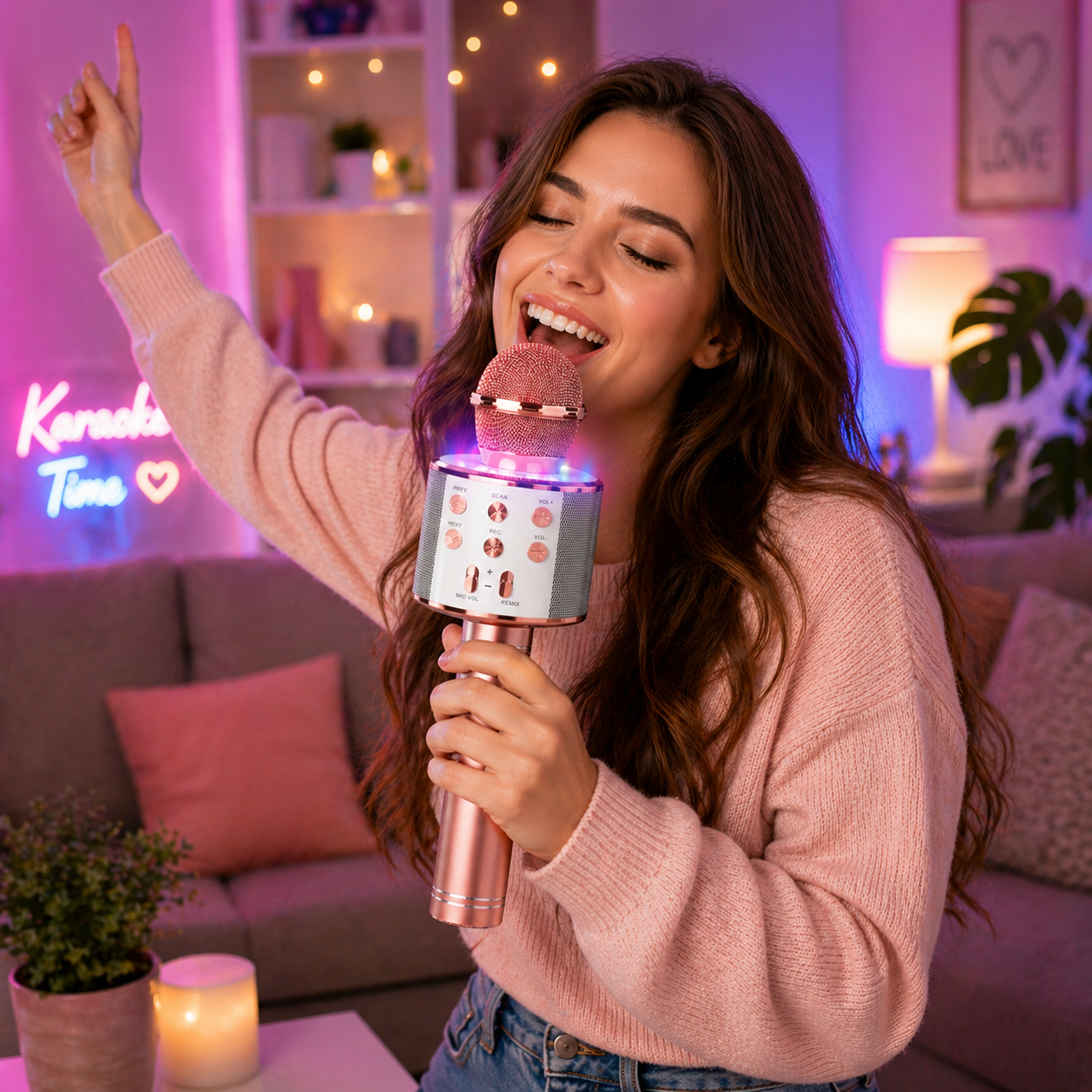 Microfono Karaoke Bluetooth Portatile Wireless con Cassa Integrata e Luci LED