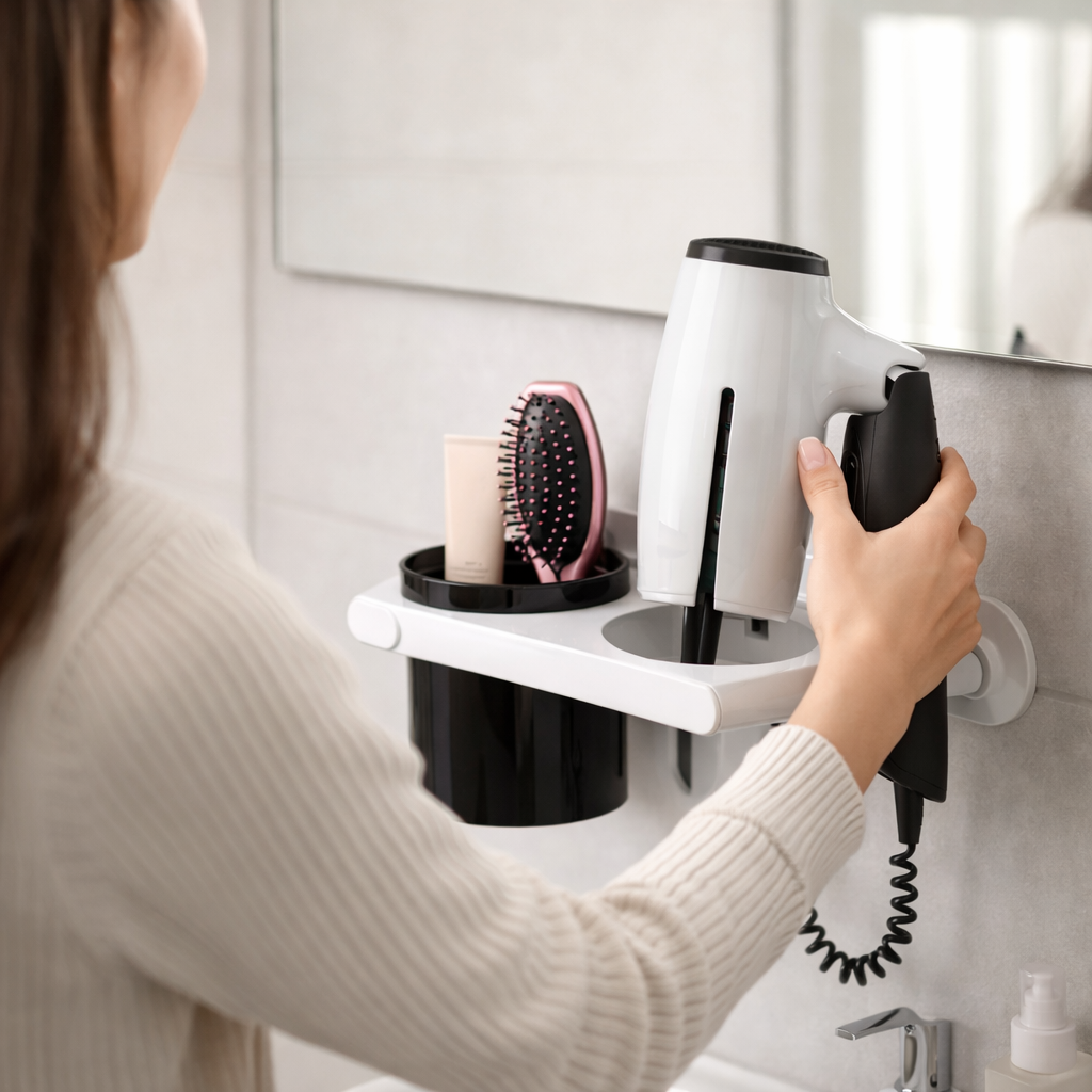Supporto Adesivo a Parete da Bagno per Phon e Spazzola