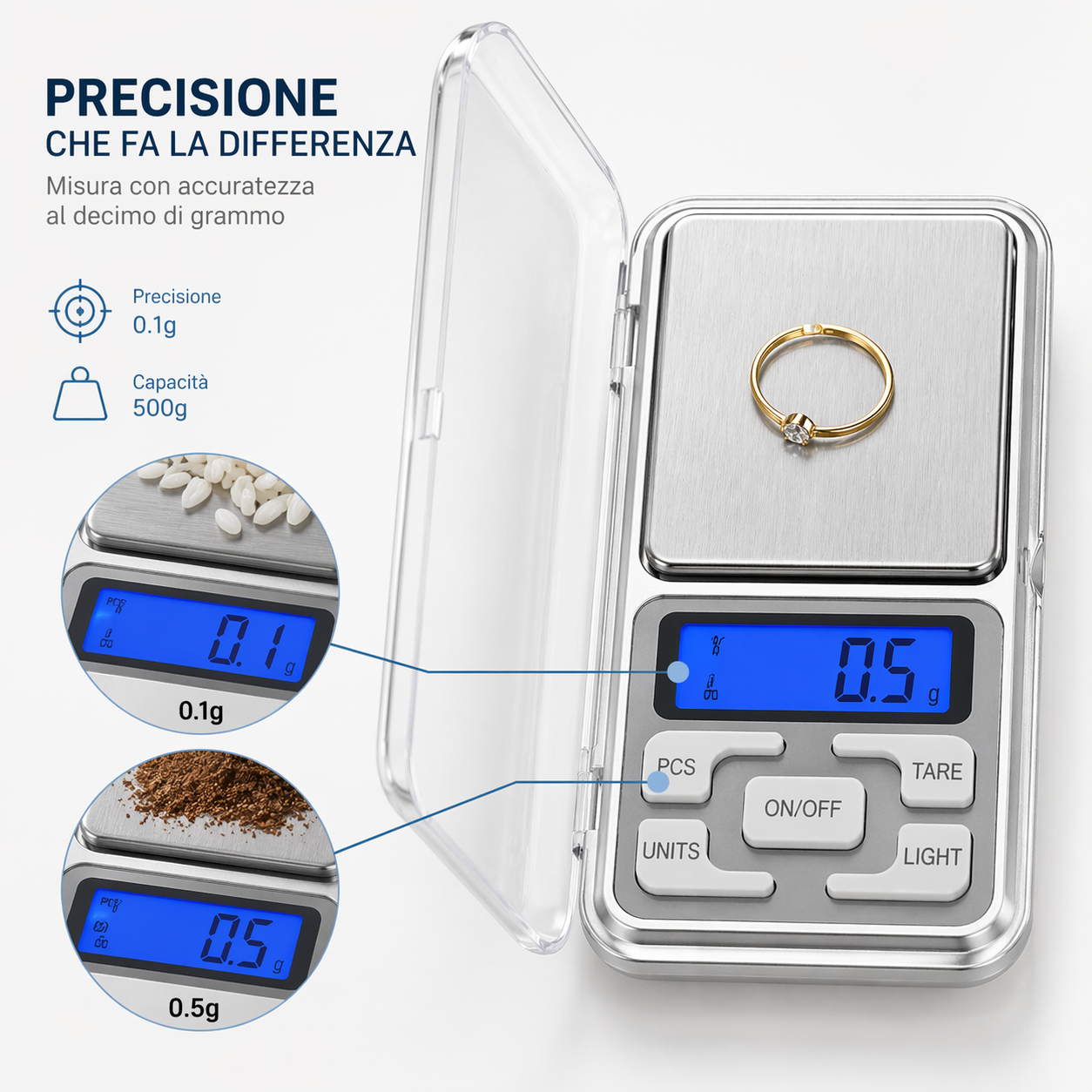 Bilancino Digitale di Precisione 0.1g Tascabile con Display Retroilluminato con Custodia Protettiva