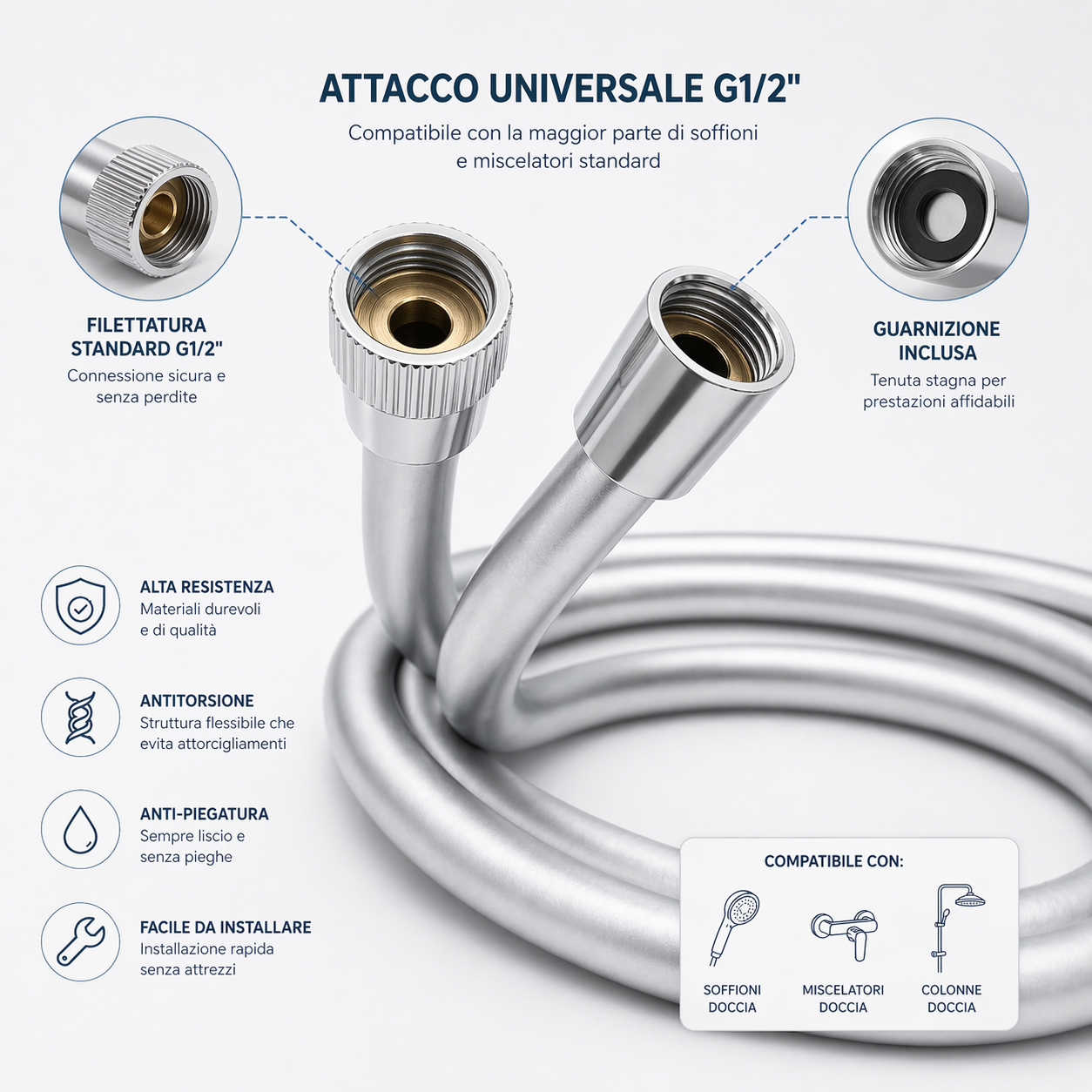 Tubo Flessibile Doccia 150 cm in PVC Argento Antitorsione 1/2” Universale, Resistente e Anti-Piegatura