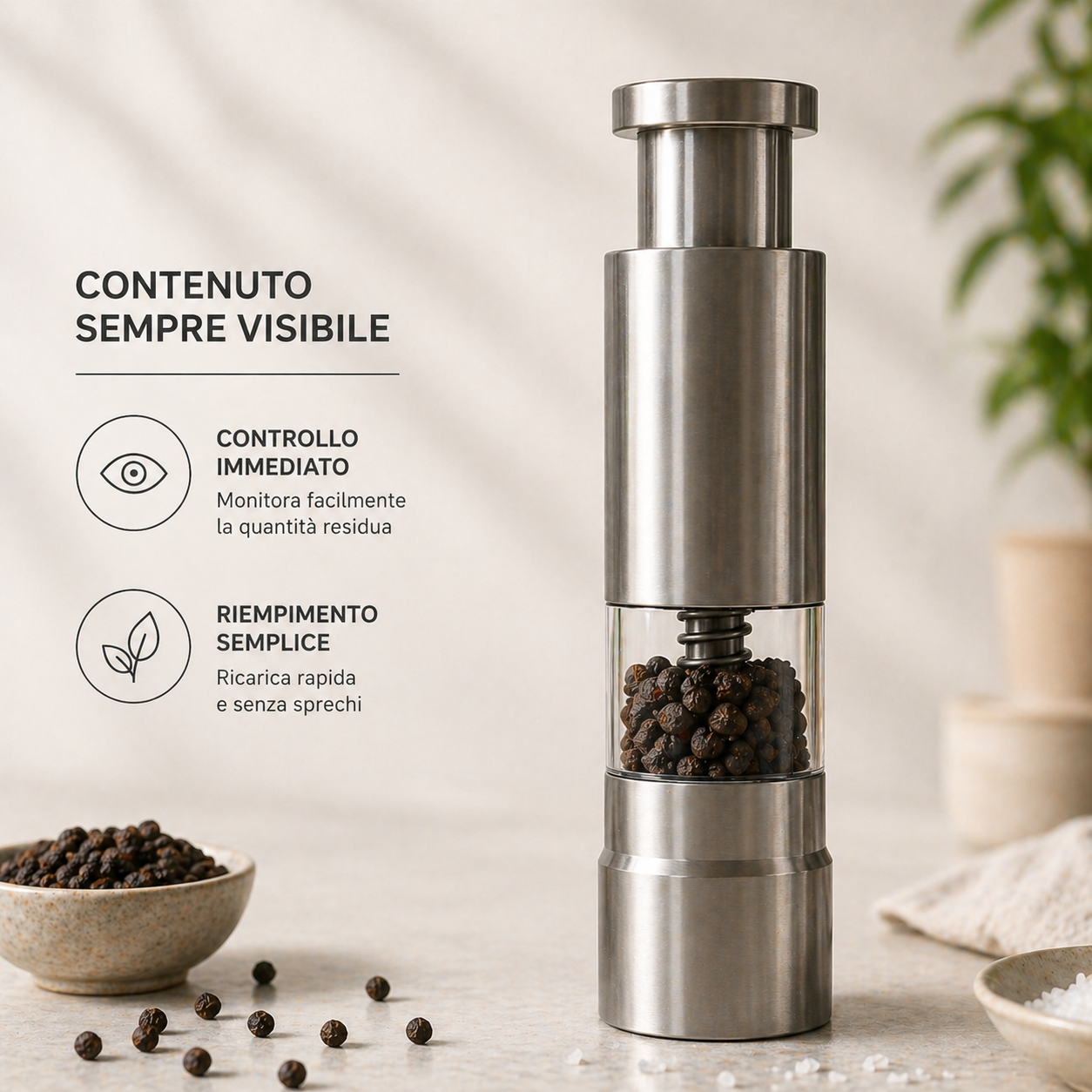 Macina Pepe e Sale a Pressione in Acciaio Inox