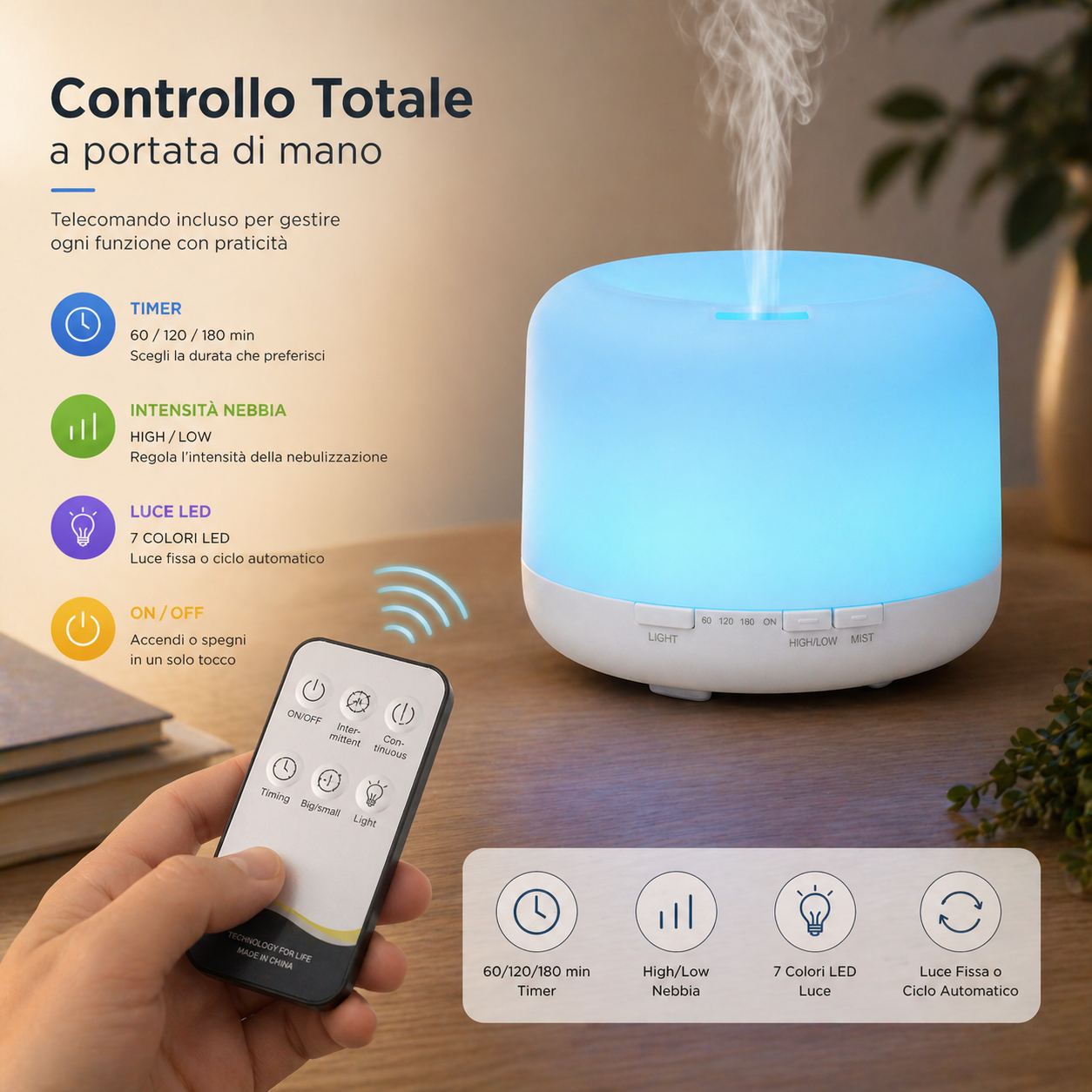 Diffusore Oli Essenziali 500ml con 7 LED e Telecomando