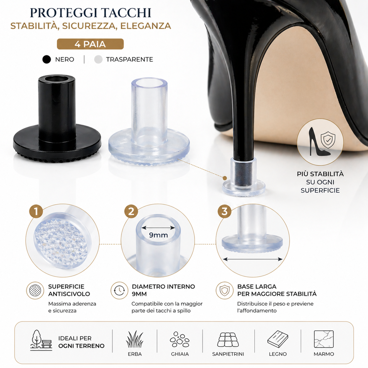 4 Paia Proteggi Tacchi 9mm Antiscivolo Donna Trasparenti e Neri