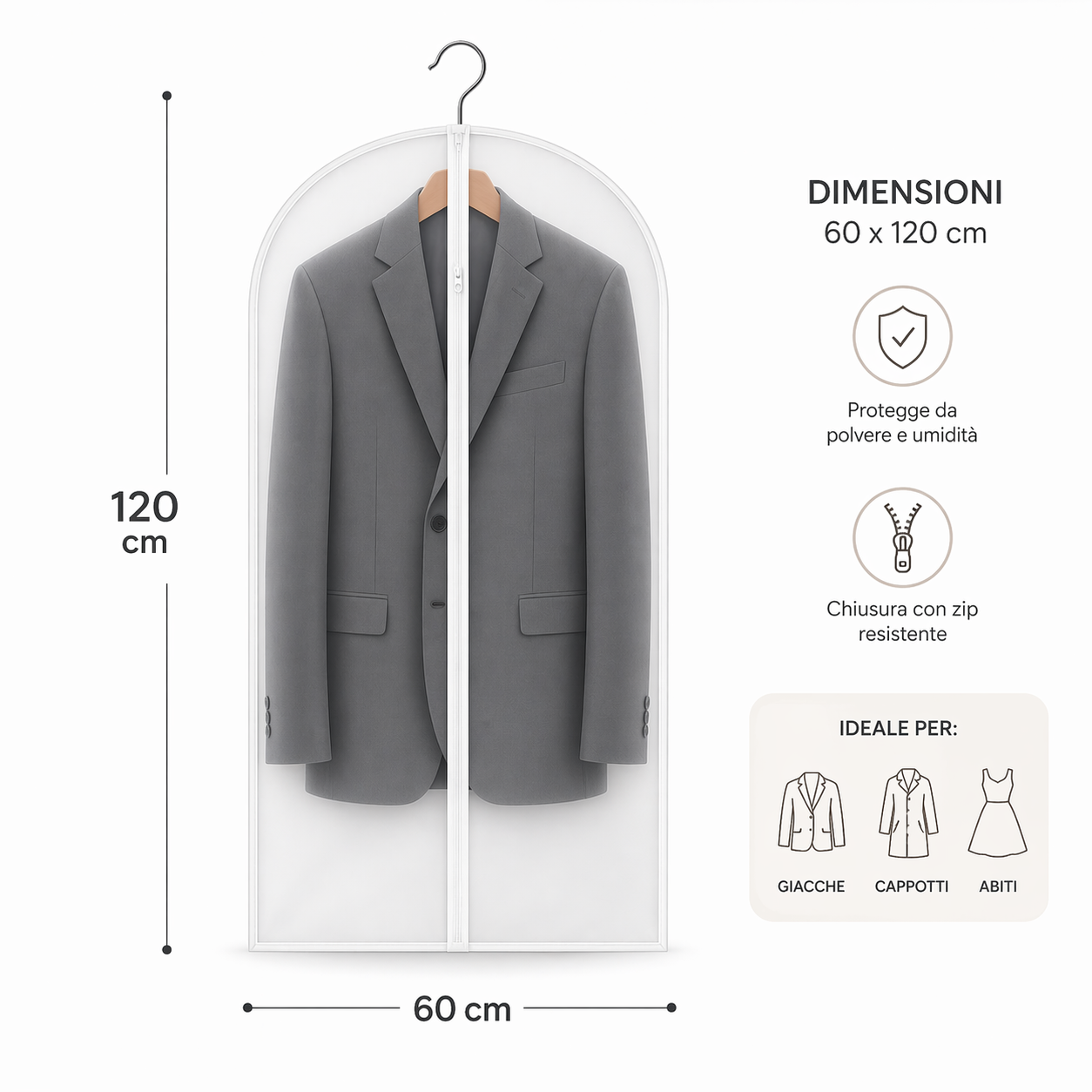 Copriabiti 60×120 cm in PVC Trasparente Antipolvere Resistente per Giacche, Cappotti e Completi