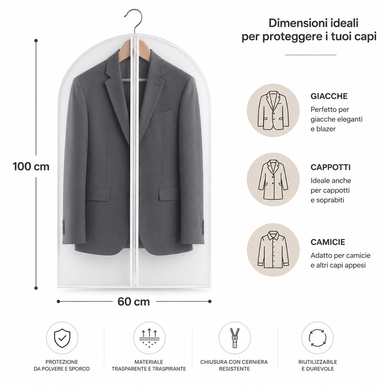 Copriabiti 60×100 cm Trasparente Antipolvere Riutilizzabile per Vestiti, Giacche e Cappotti
