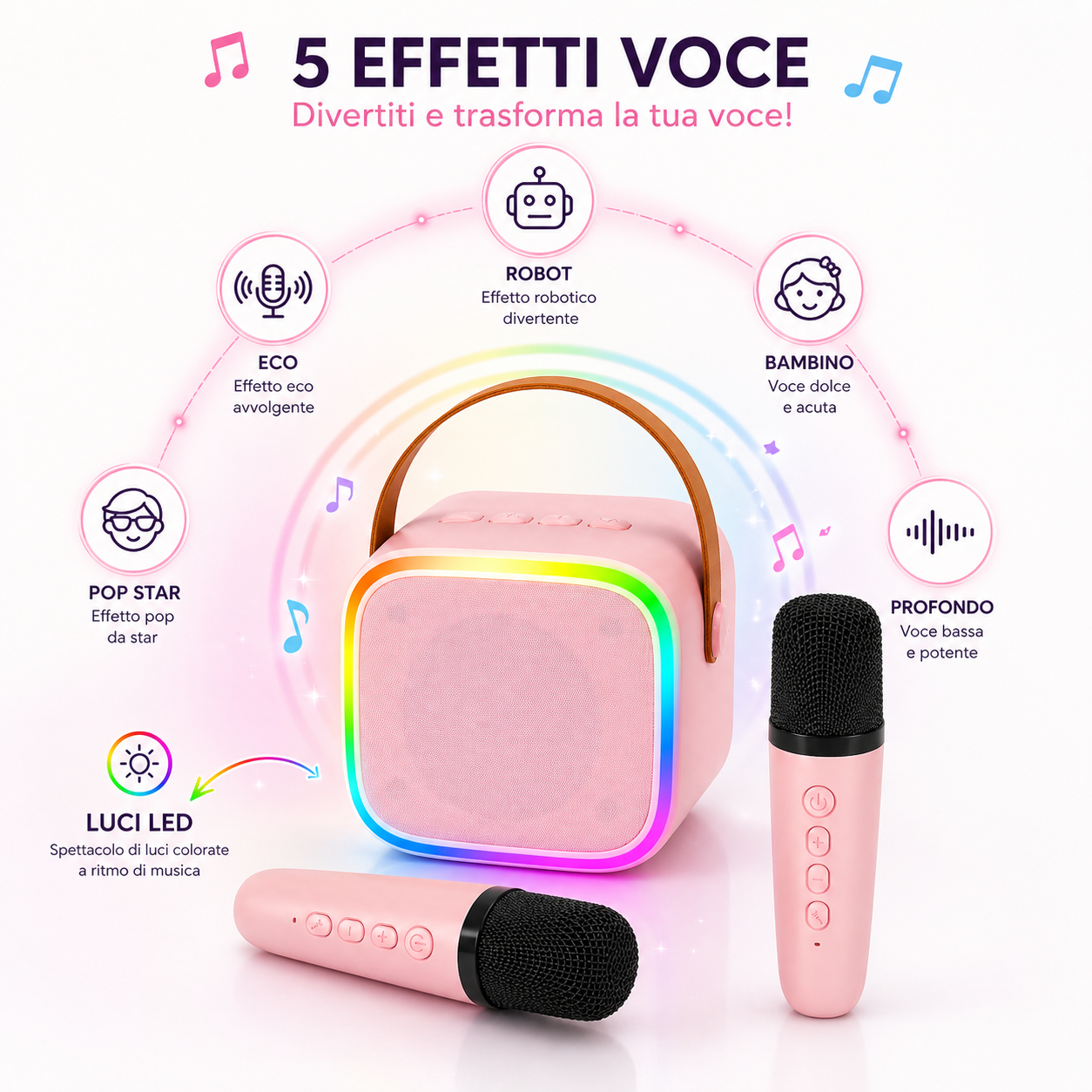 Karaoke Portatile con 2 Microfoni Wireless, Cassa Bluetooth, Luci LED ed Effetti Voce