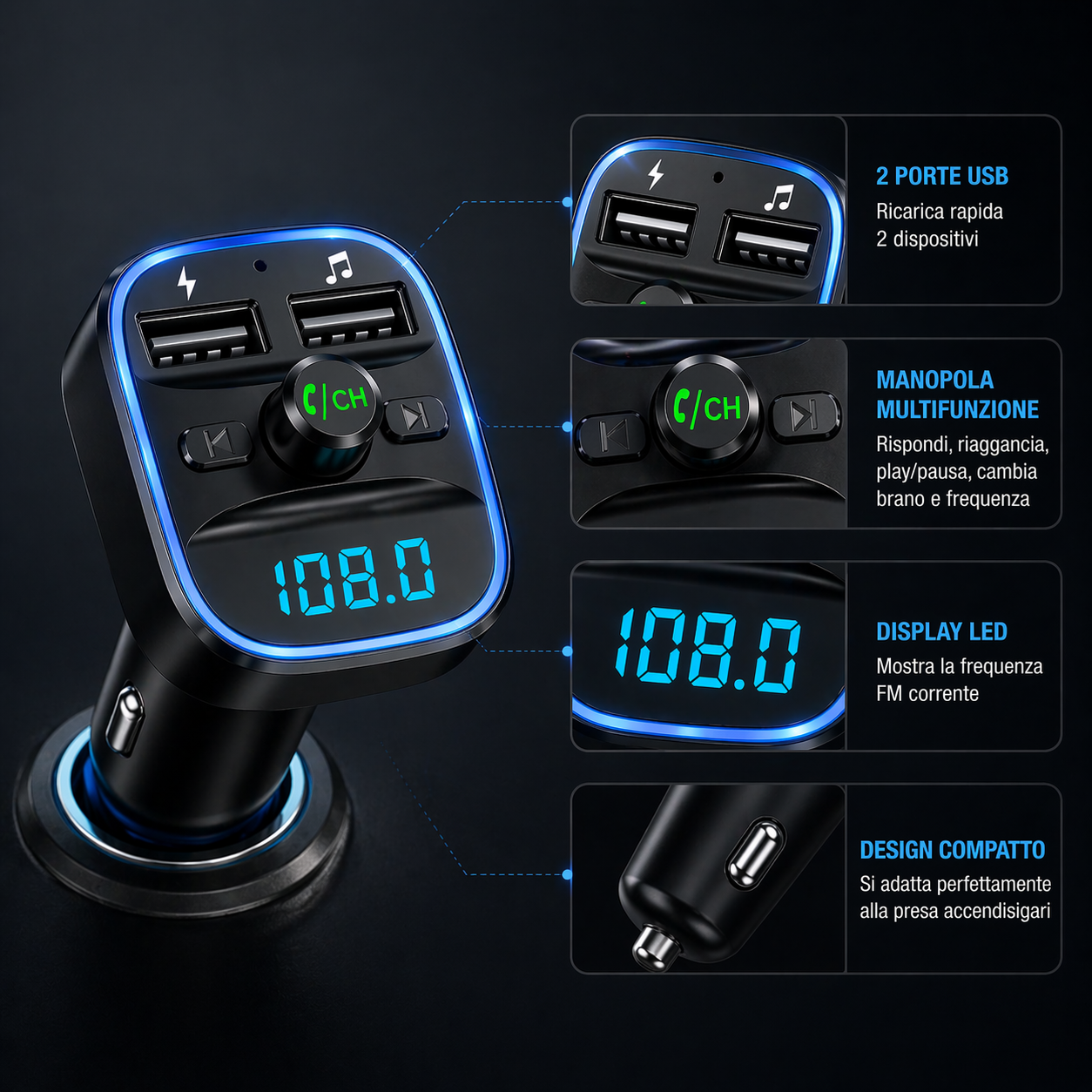 Trasmettitore FM Bluetooth per Auto