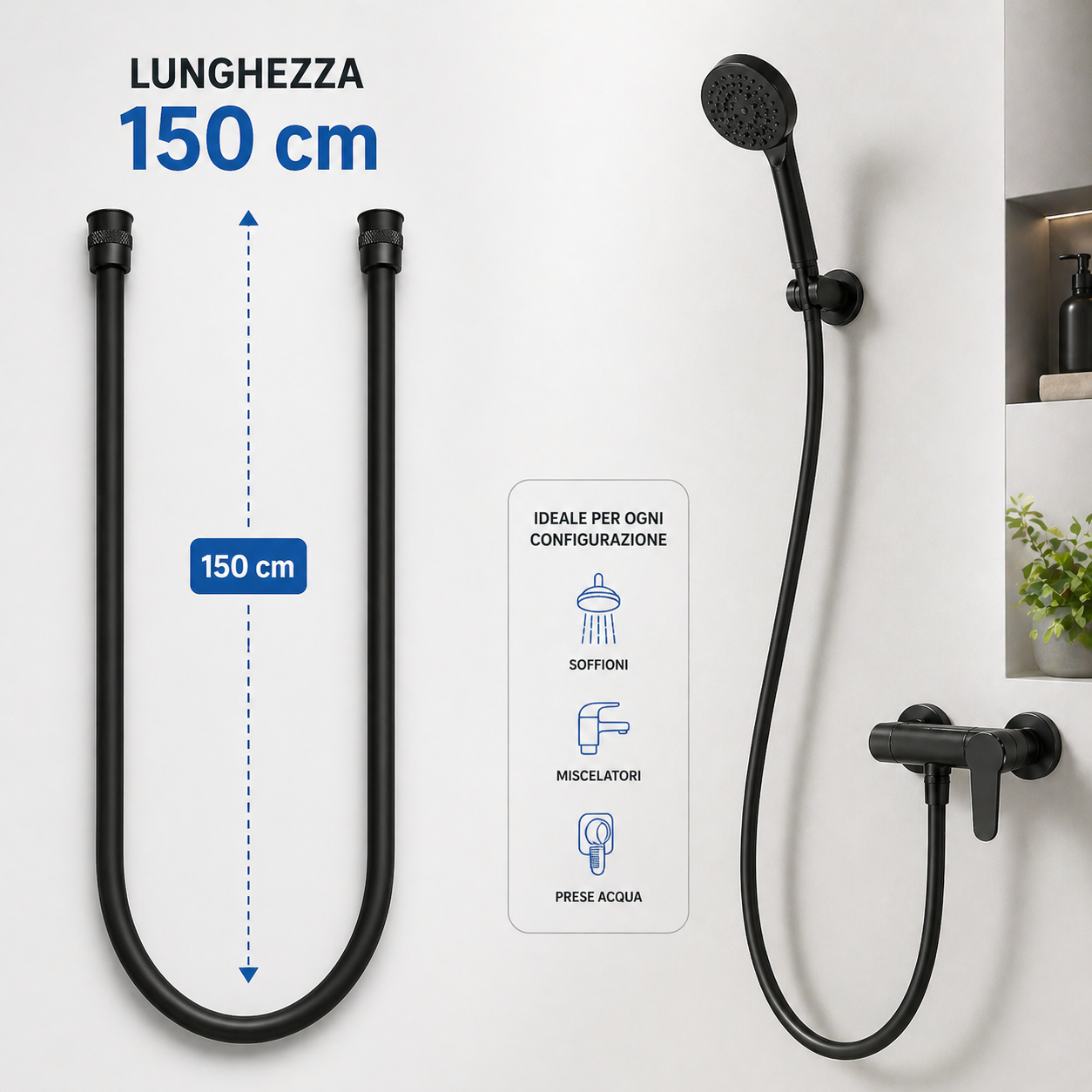 Tubo Doccia 150 cm Flessibile Antitorsione e Anti-Piegatura Nero Universale G1/2”
