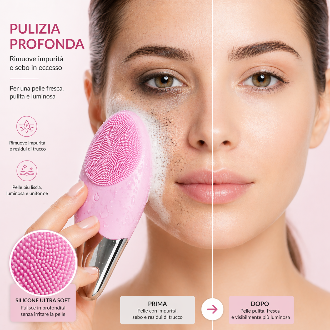 Spazzola Viso Elettrica in Silicone Vibrante Massaggiante, Impermeabile e Ricaricabile