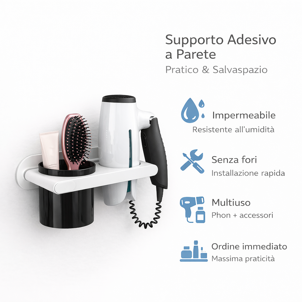 Supporto Adesivo a Parete da Bagno per Phon e Spazzola