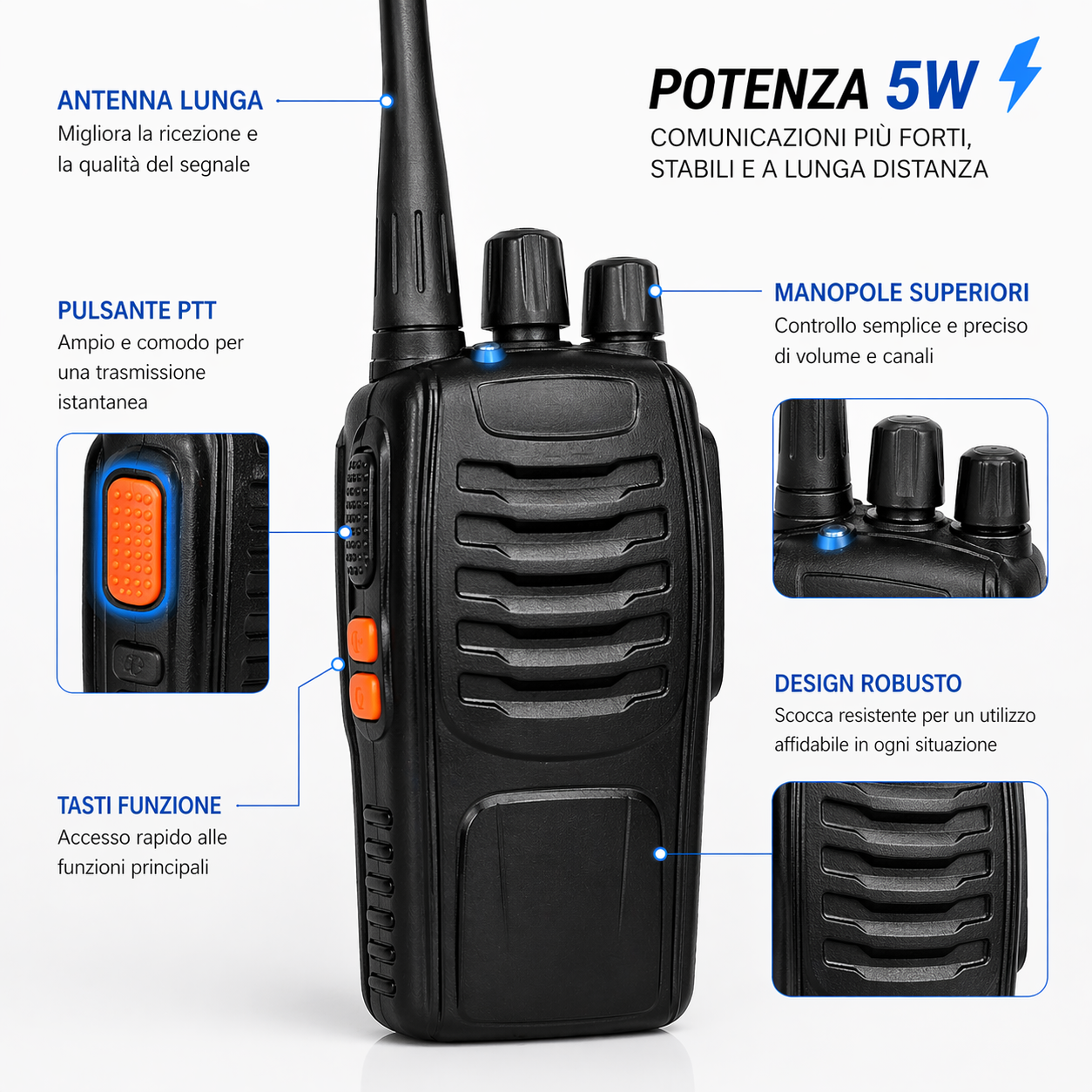 Coppia Walkie Talkie 5W Professionali con Auricolari e Base di Ricarica