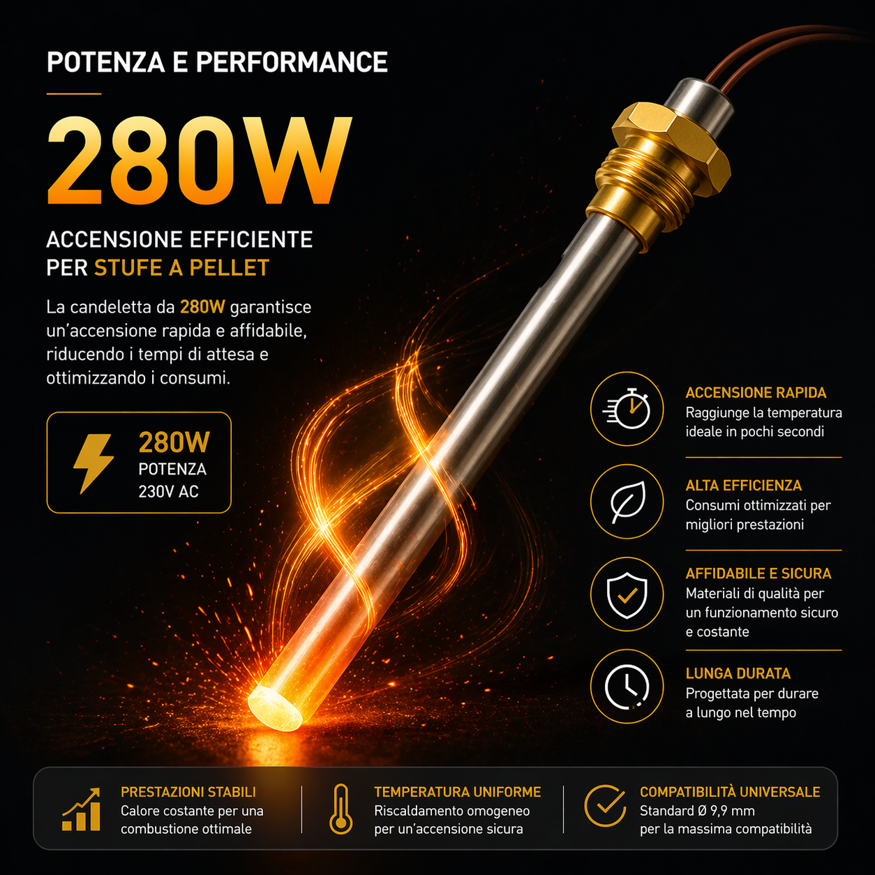 Candeletta Accensione Stufa a Pellet 280W Ø 9,9 mm, Lunghezza 150 mm e Sottobattuta 140 mm