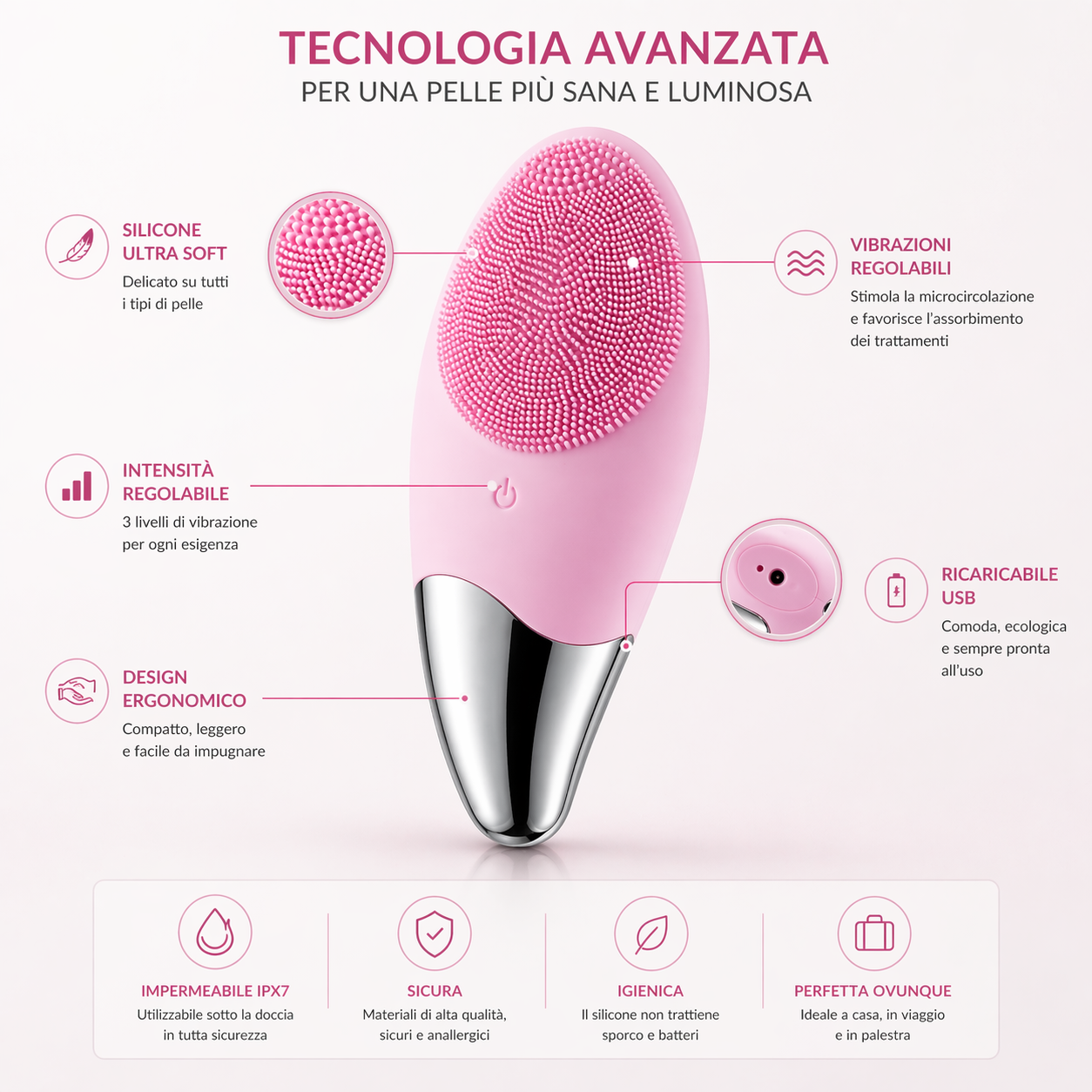 Spazzola Viso Elettrica in Silicone Vibrante Massaggiante, Impermeabile e Ricaricabile