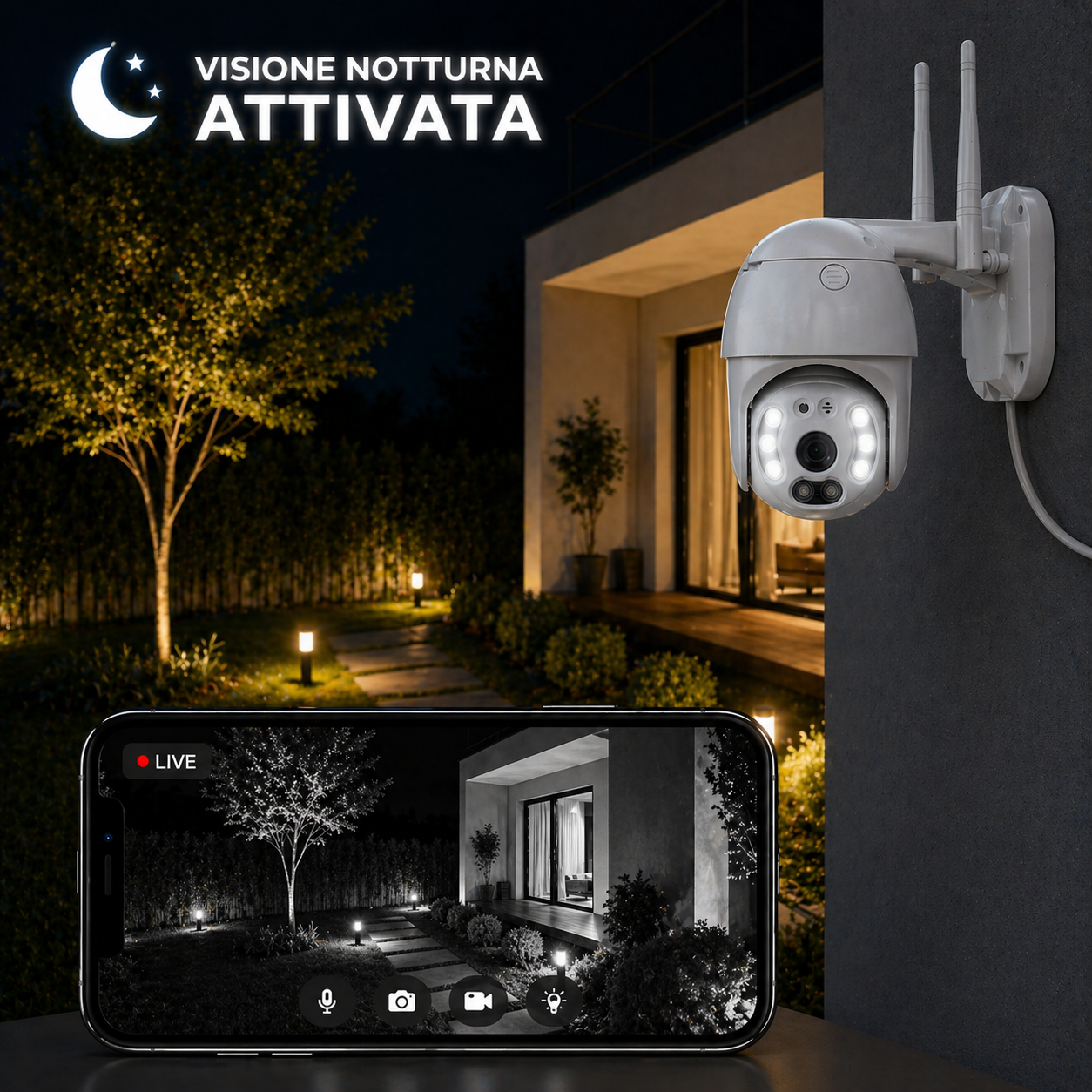Telecamera di Sicurezza WiFi 1080p Wireless per Interno ed Esterno con Visione Notturna