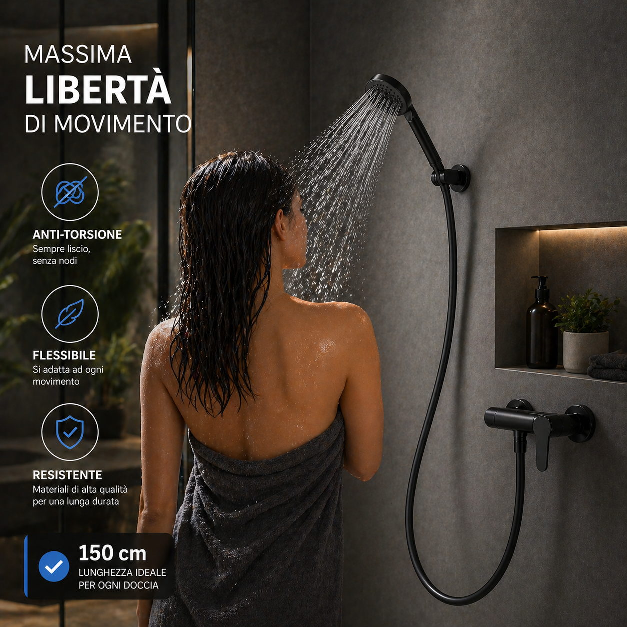 Tubo Doccia 150 cm Flessibile Antitorsione e Anti-Piegatura Nero Universale G1/2”
