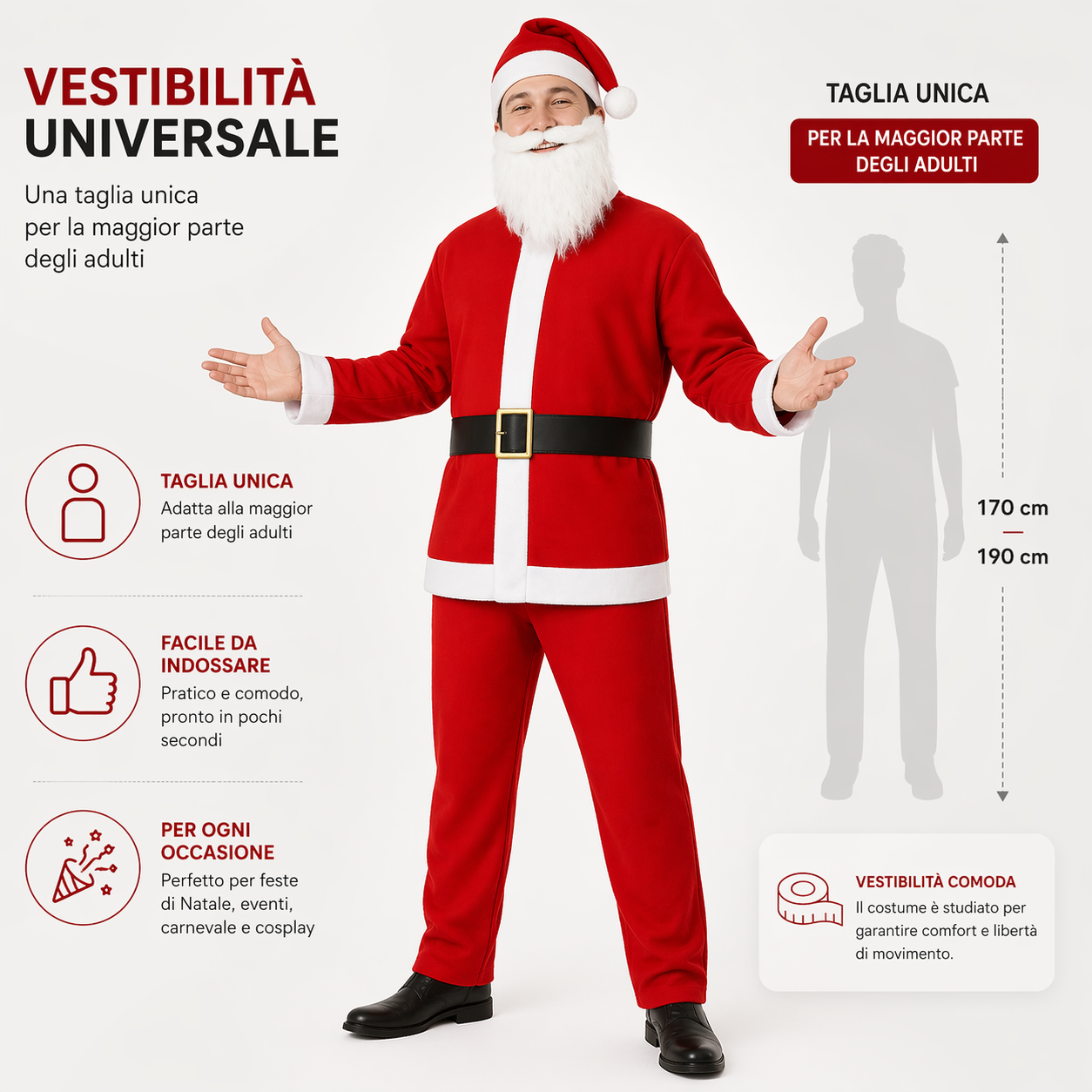Costume Babbo Natale Uomo Completo con Giacca, Pantalone, Cappello, Cintura e Barba