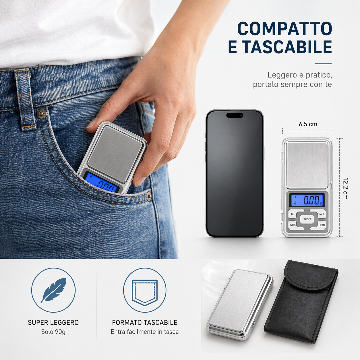 Bilancino Digitale di Precisione 0.1g Tascabile con Display Retroilluminato con Custodia Protettiva