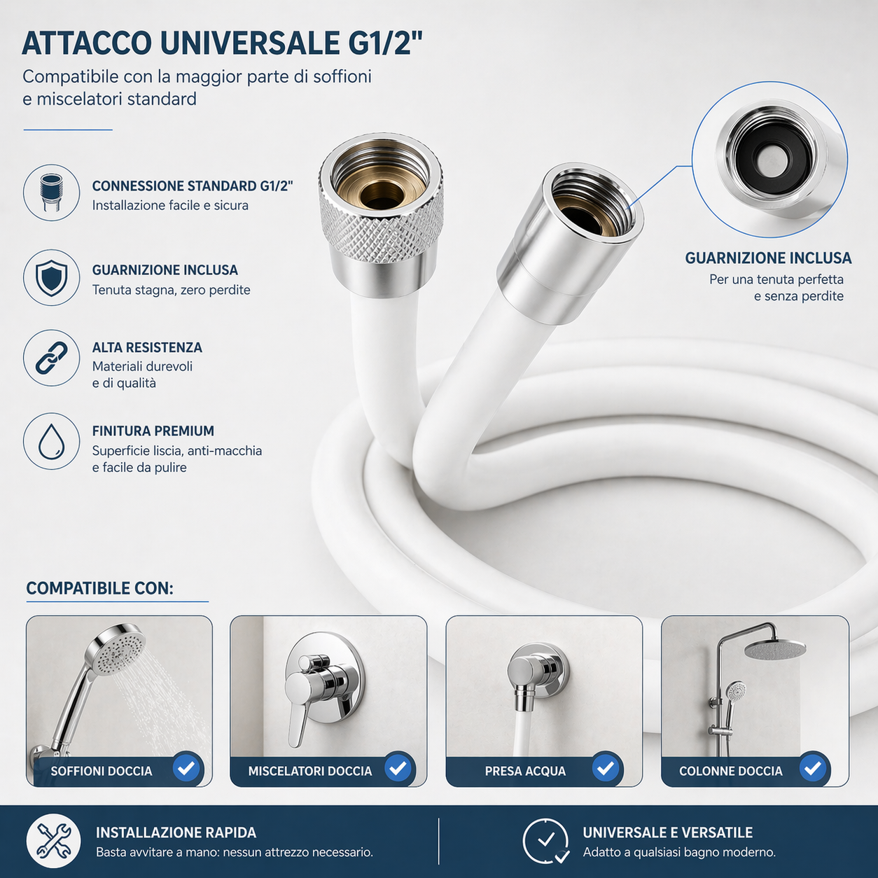 Tubo Doccia 150 cm Universale Bianco con Attacco G1/2” Flessibile Antitorsione e Resistente