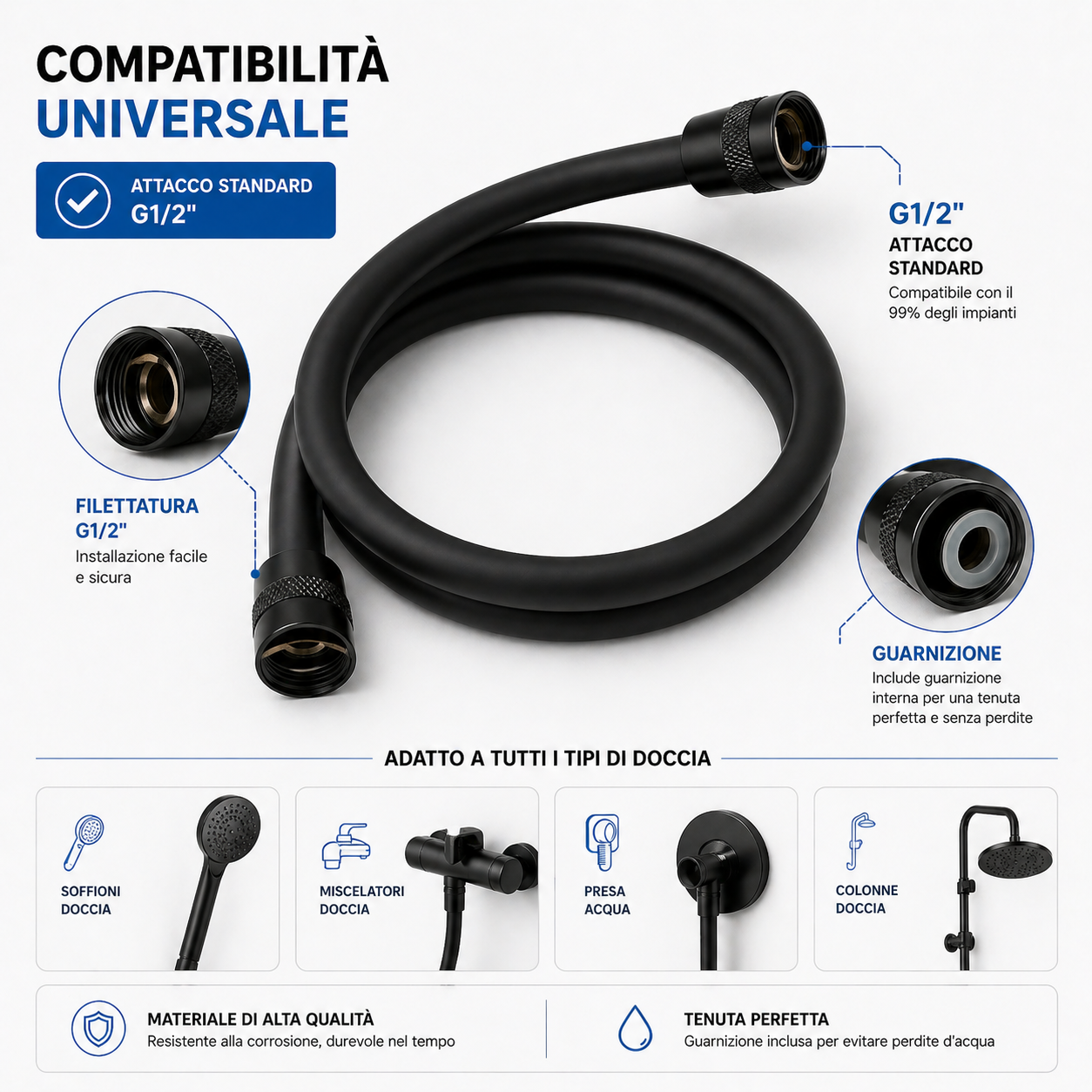 Tubo Doccia 150 cm Flessibile Antitorsione e Anti-Piegatura Nero Universale G1/2”