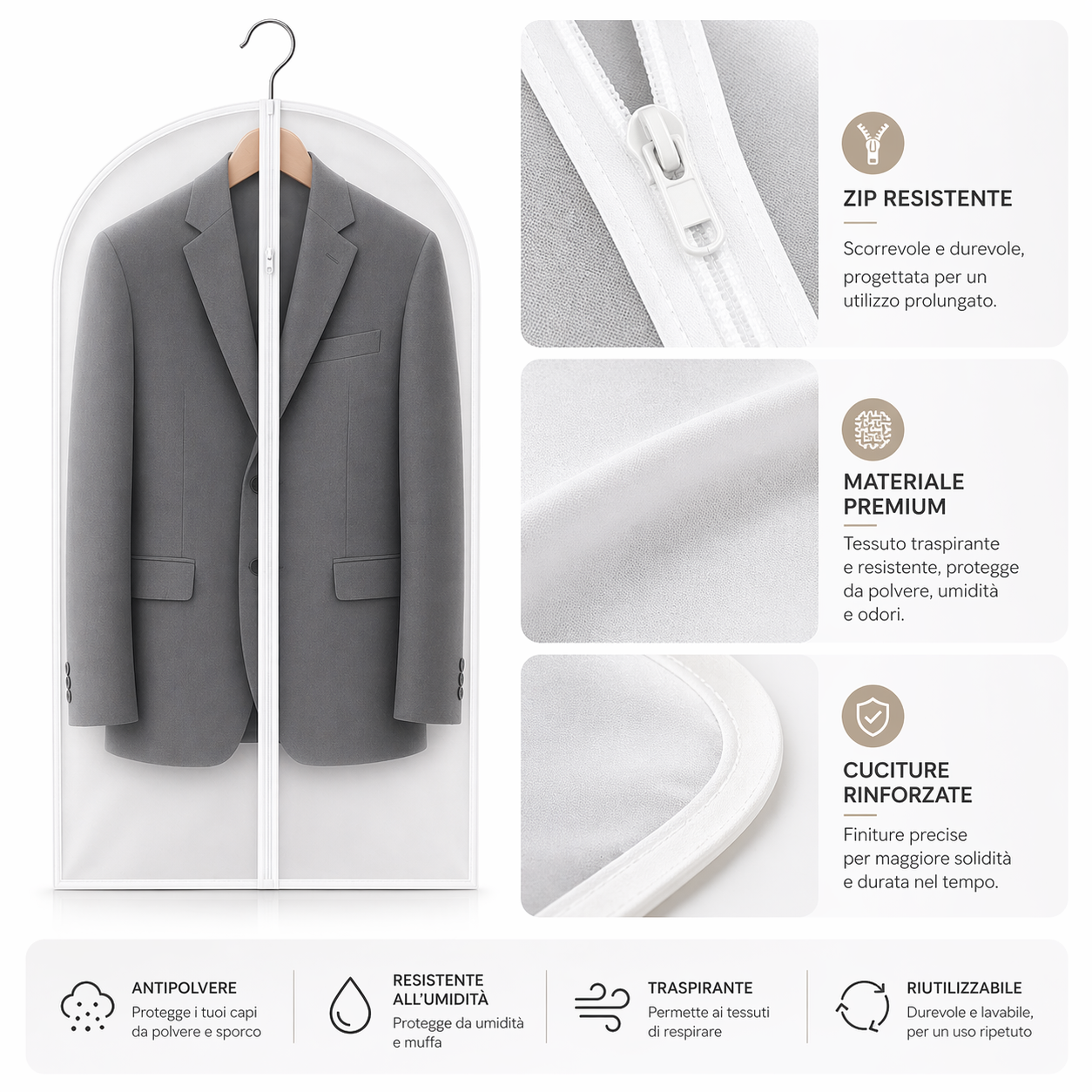 Copriabiti 60×120 cm in PVC Trasparente Antipolvere Resistente per Giacche, Cappotti e Completi