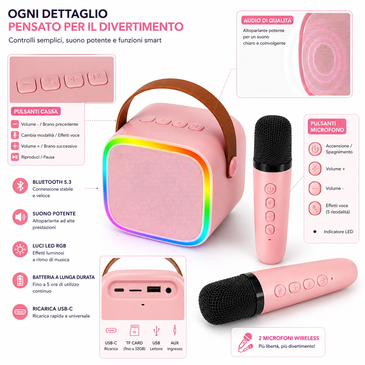 Karaoke Portatile con 2 Microfoni Wireless, Cassa Bluetooth, Luci LED ed Effetti Voce