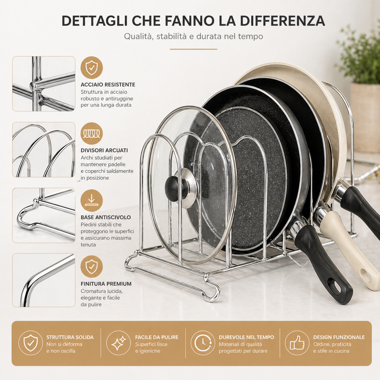 Porta Padelle Salvaspazio con 4 Scomparti in Metallo per Pentole, Coperchi e Tegami
