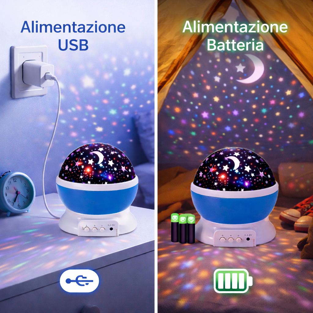 Proiettore Stelle Bambini Rotante 360° con 8 Colori USB o Batterie