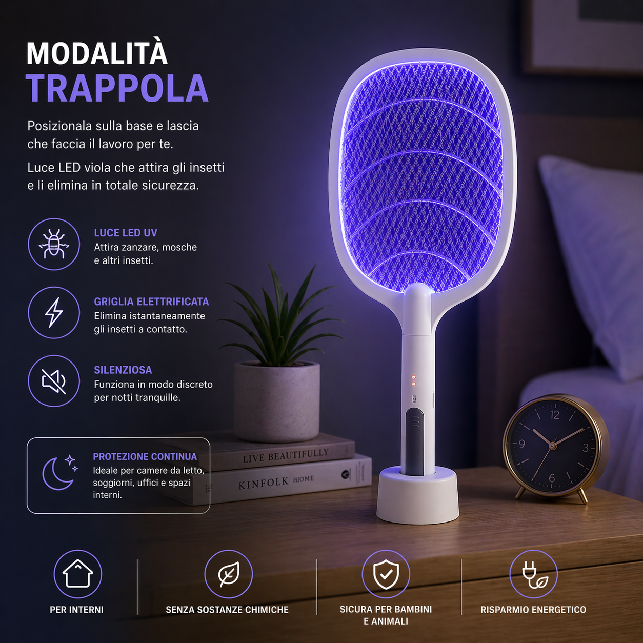 Racchetta Zanzare Elettrica 3000V Ricaricabile USB con Luce LED