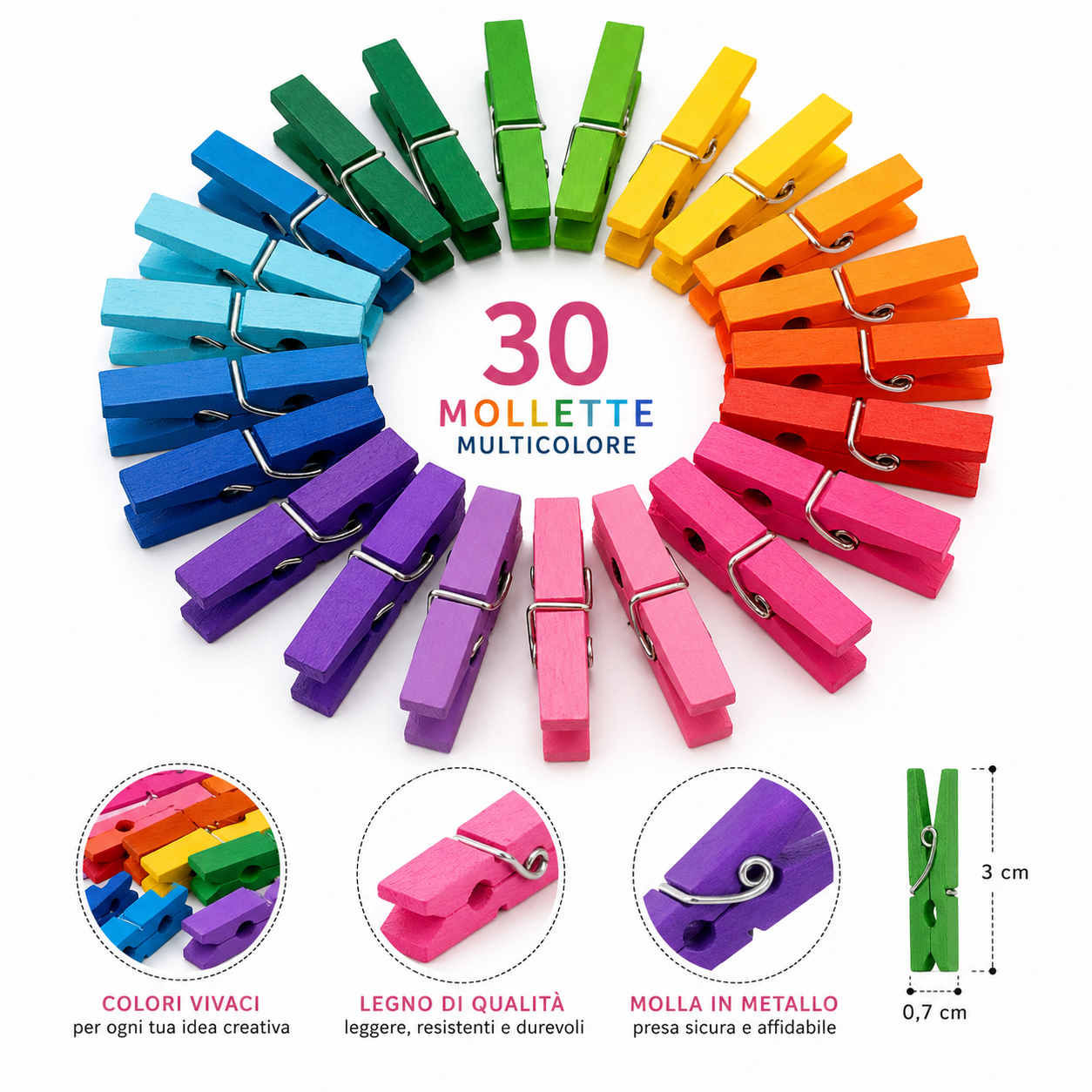 Set 30 Mollette in Legno Multicolore 3 cm per Feste, Foto e Creatività