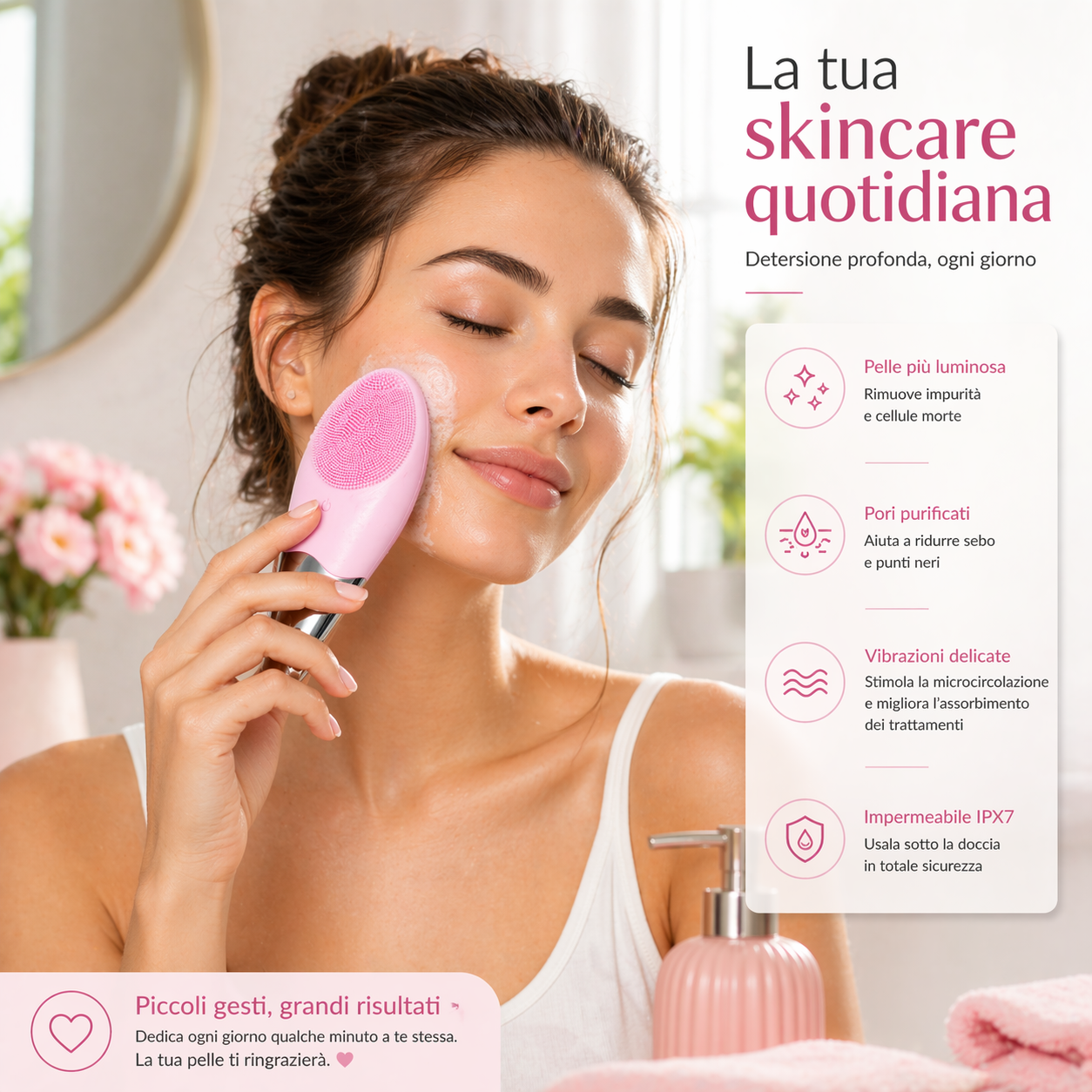 Spazzola Viso Elettrica in Silicone Vibrante Massaggiante, Impermeabile e Ricaricabile