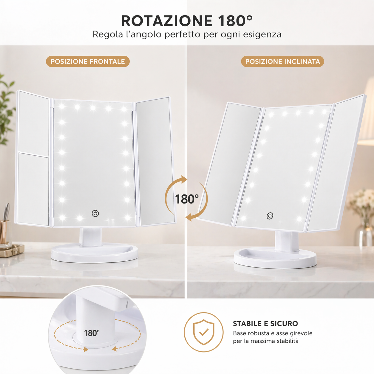 Specchio Trucco Triplo con Luci LED e Zoom Girevole 180°