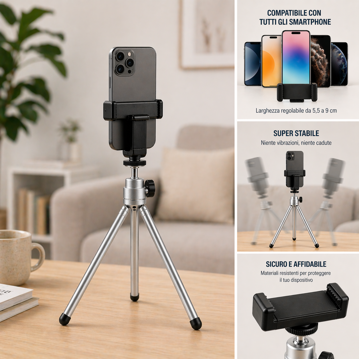 Treppiede a Tre Sezioni con Supporto Smartphone