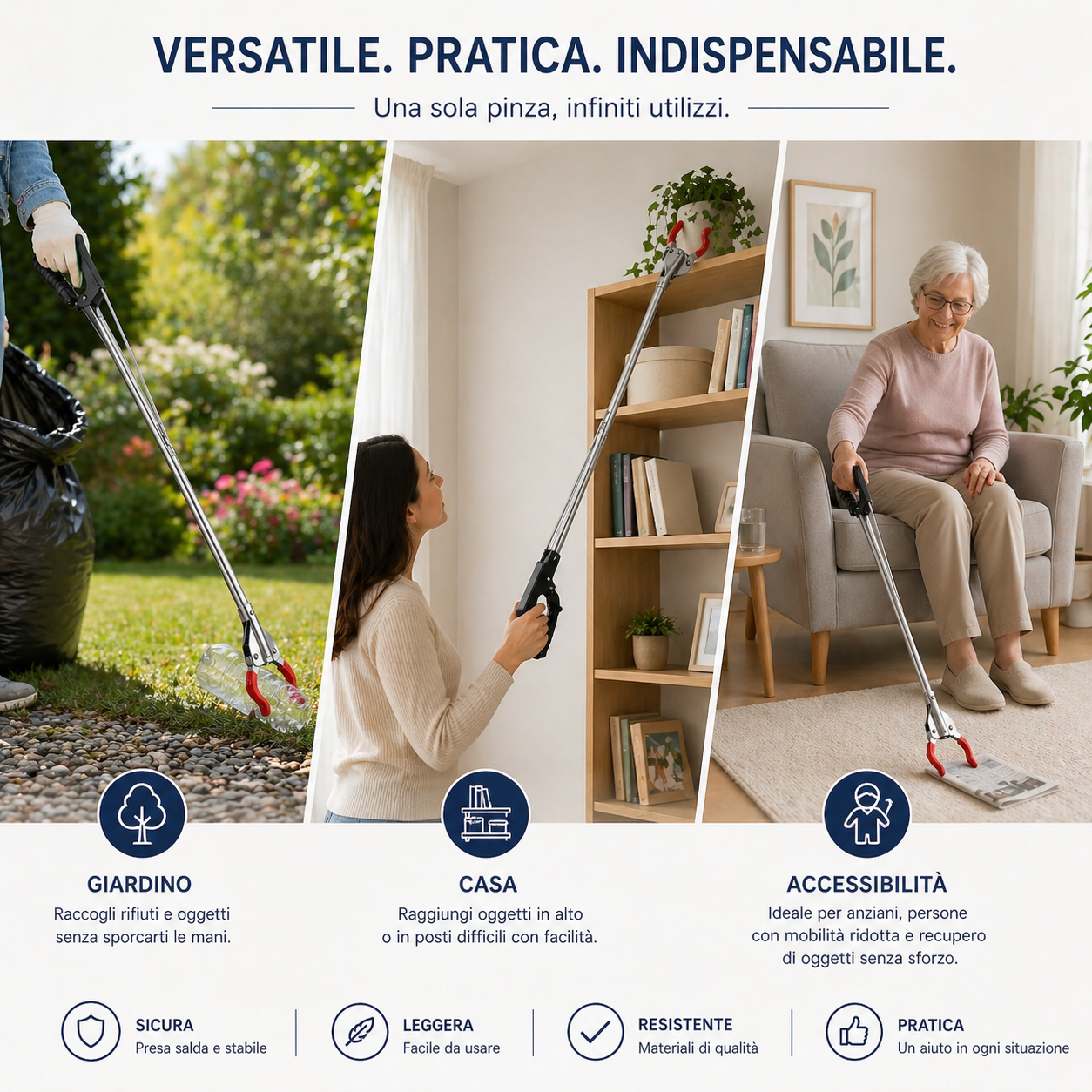 Pinza Raccogli Oggetti 90 cm con Impugnatura Antiscivolo