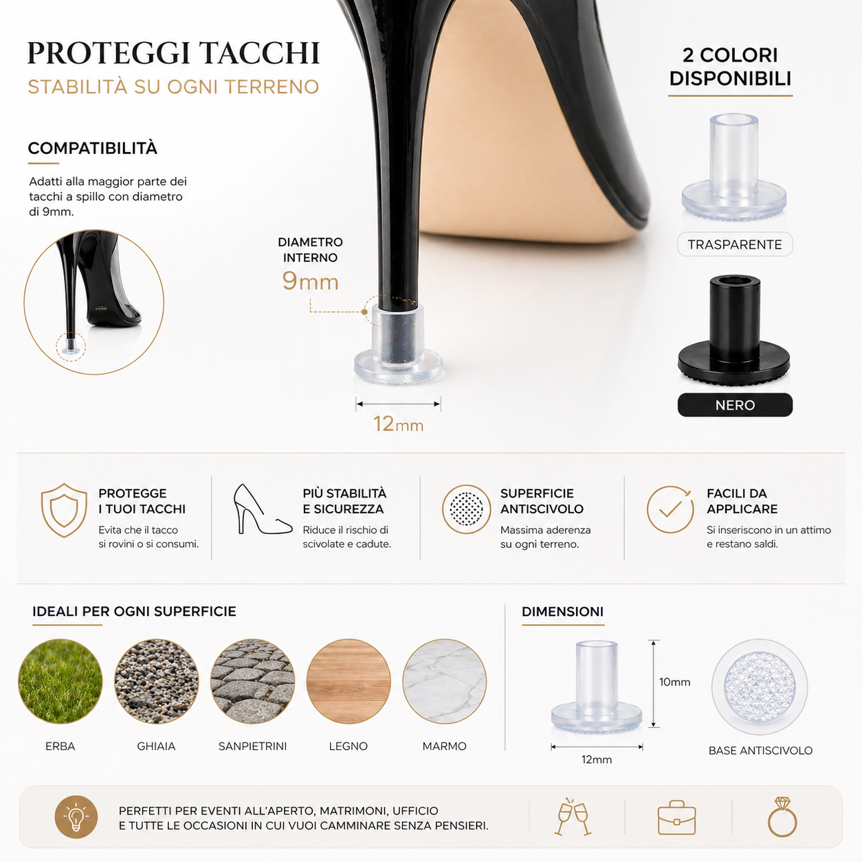 4 Paia Proteggi Tacchi 9mm Antiscivolo Donna Trasparenti e Neri
