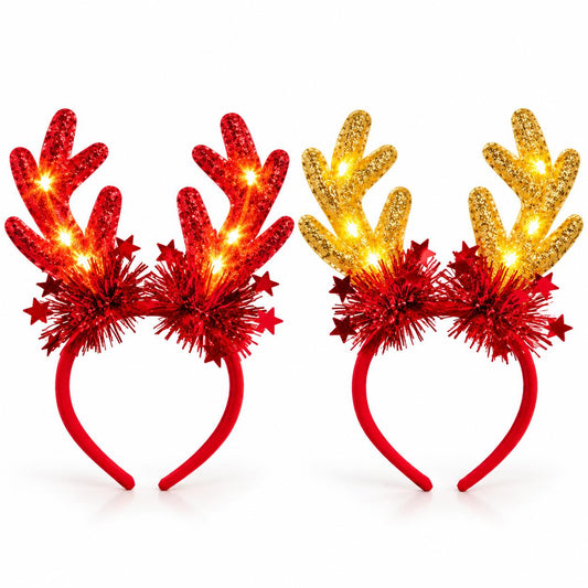 Set 4 Cerchietti Natalizi Luminosi LED con Corna di Renna Rosse e Dorate