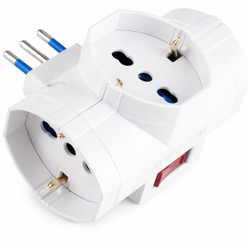Adattatore Triplo Spina 16A con 3 Prese Universali Schuko e Bipasso con Interruttore