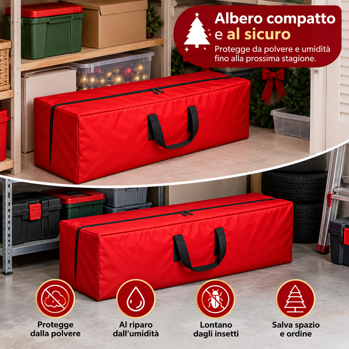 Custodia Porta Albero di Natale 135x38x53 cm – Borsa Rossa con Cerniera e Manici per Conservazione Albero Artificiale
