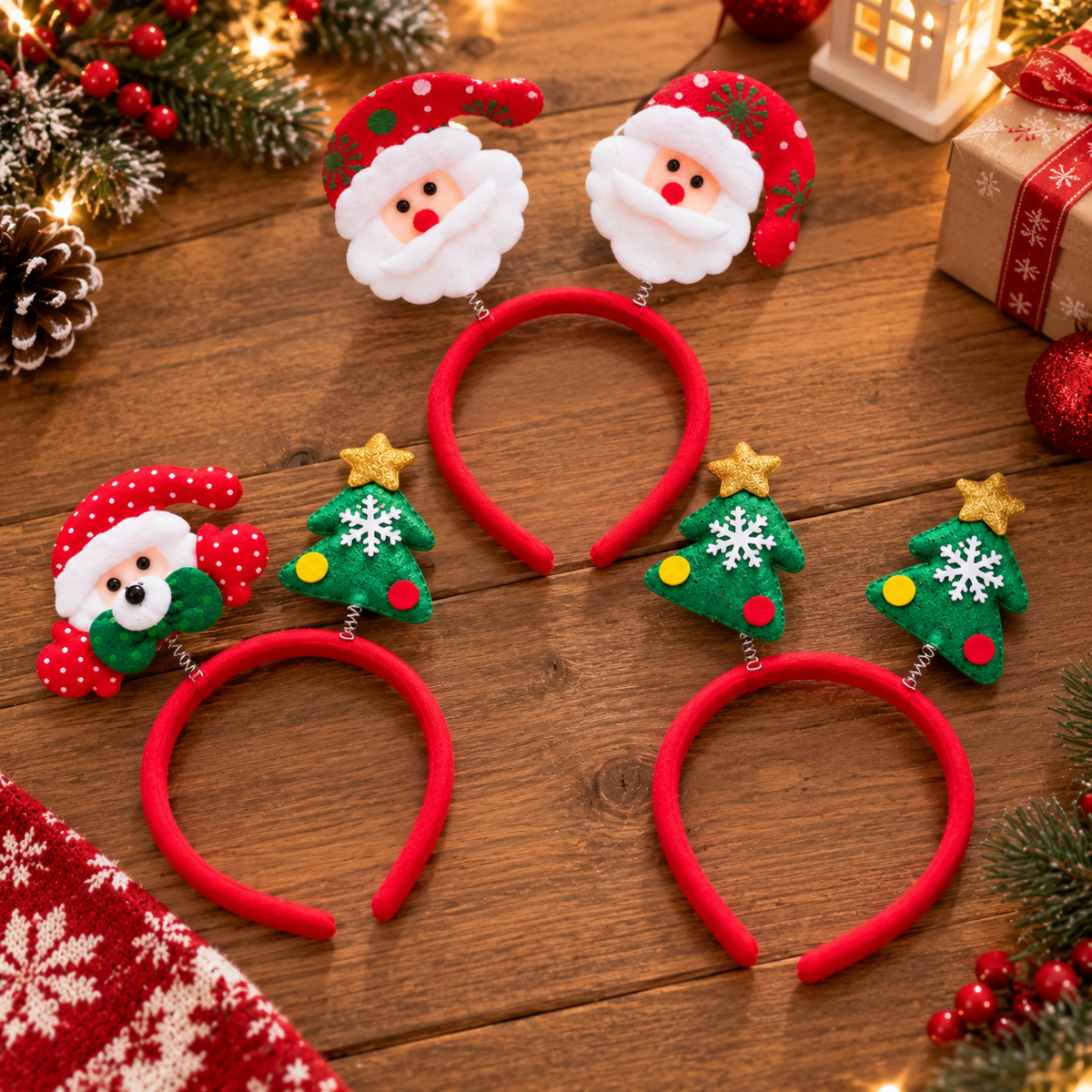 Set 6 Cerchietti Natalizi per Capelli con Babbo Natale, Orsetto e Alberi di Natale