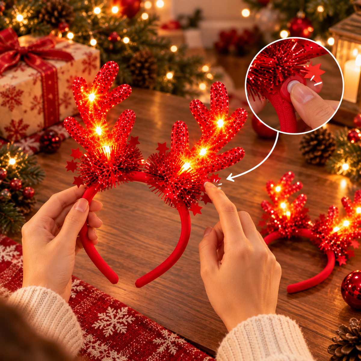 Set 4 Cerchietti Natalizi Luminosi LED con Corna di Renna Rosse e Dorate