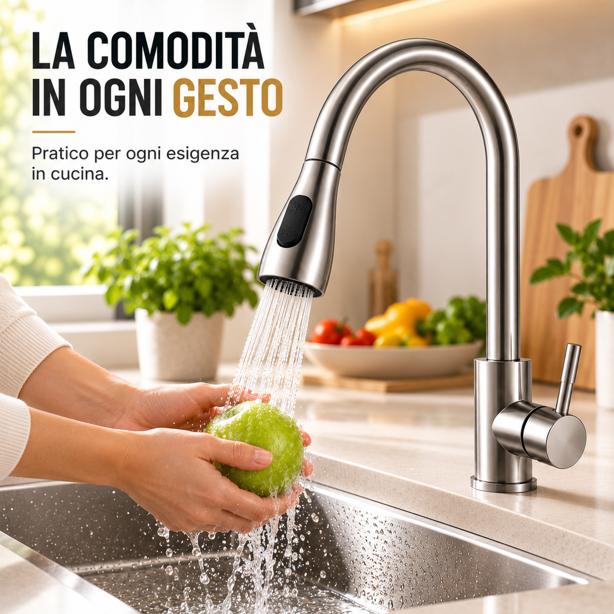 Rubinetto Miscelatore Cucina in Acciaio Satinato con Doccetta Estensibile e 2 Getti
