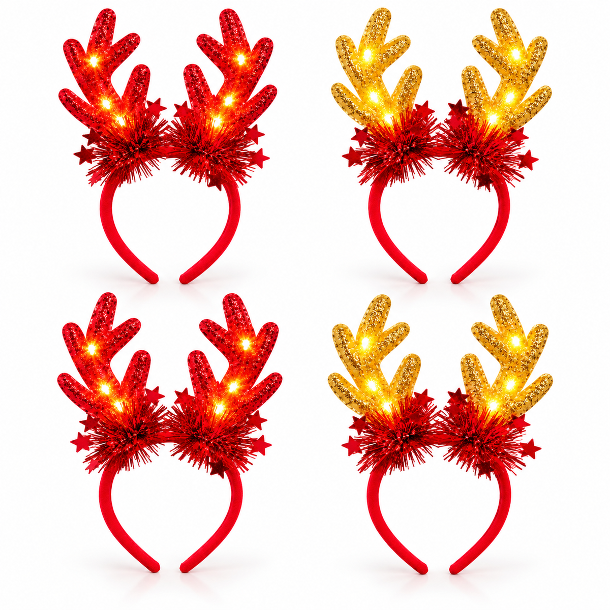 Set 4 Cerchietti Natalizi Luminosi LED con Corna di Renna Rosse e Dorate