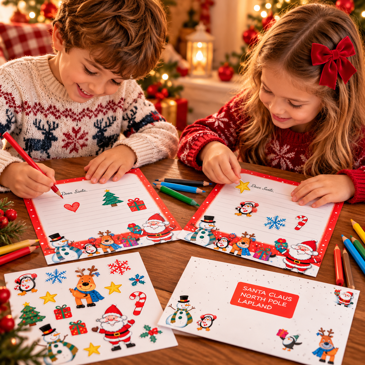Kit Letterina a Babbo Natale con Busta, Adesivi e 4 Matite Colorate