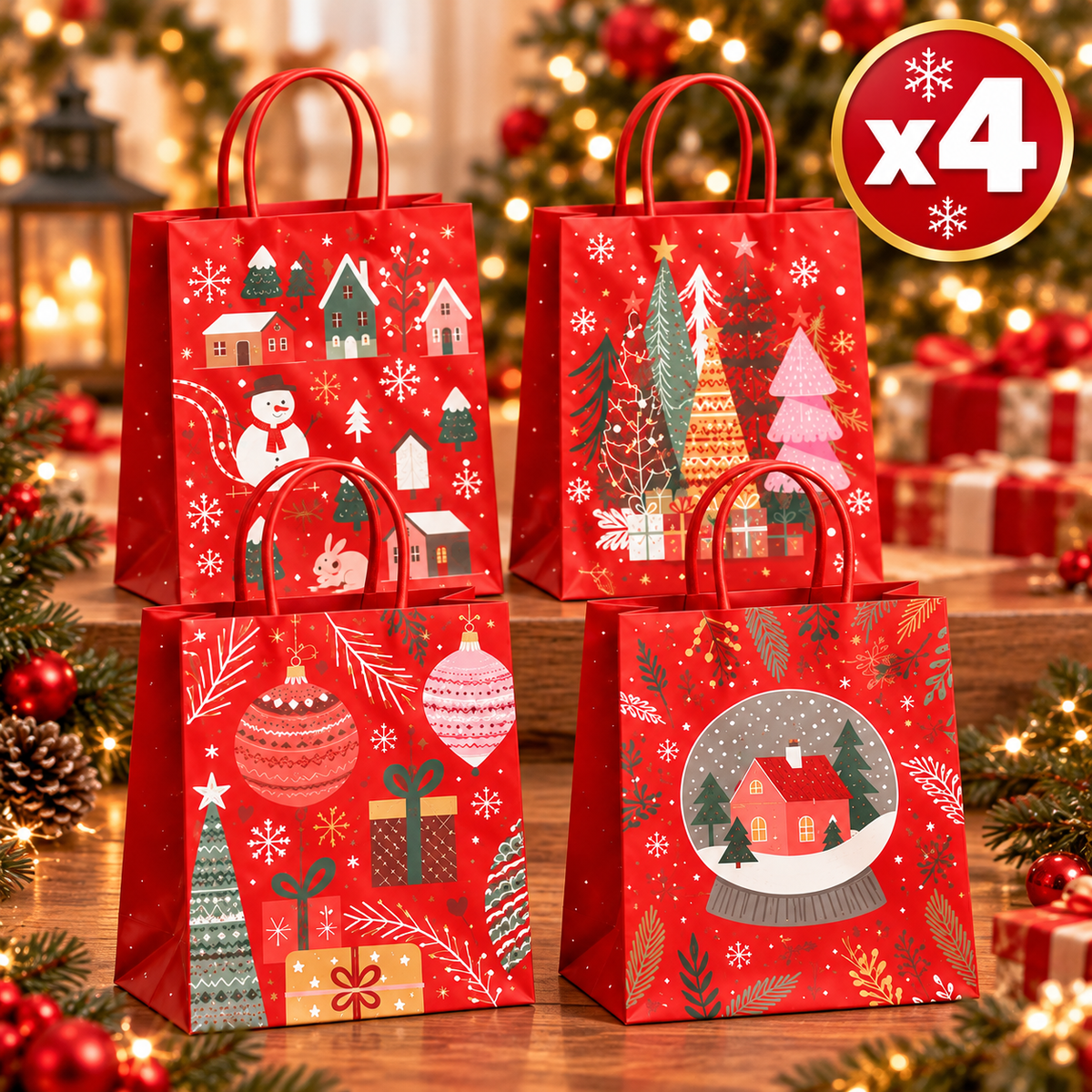 Set 4 Buste Regalo Natalizie Rosse con Manici Fantasie Assortite