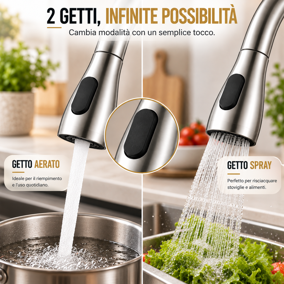 Rubinetto Miscelatore Cucina in Acciaio Satinato con Doccetta Estensibile e 2 Getti